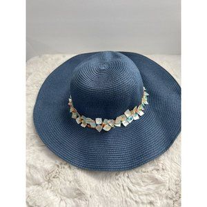 TOUCAN COLLECTION New York Textured Natural Straw Wide Brim Hat Blue Shells
